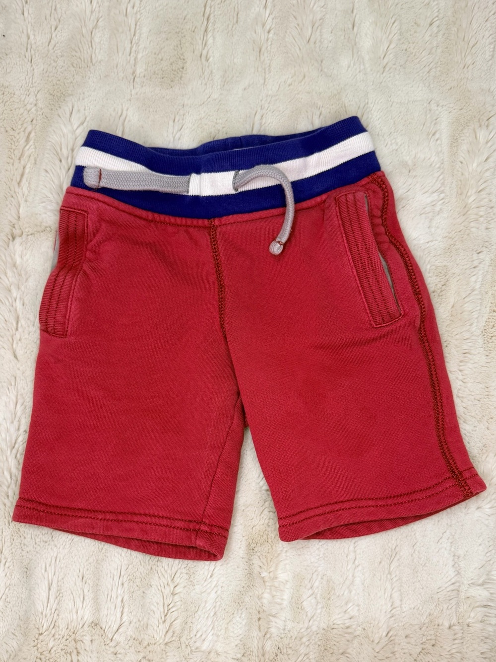 Mini Boden Red Cotton Drawstring Shorts with Blue Waistband